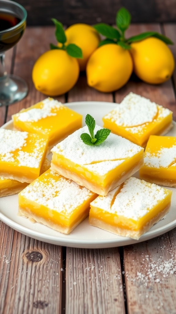 Delicious vegan lemon bars with a golden crust and lemon filling, garnished with powdered sugar on a rustic table.